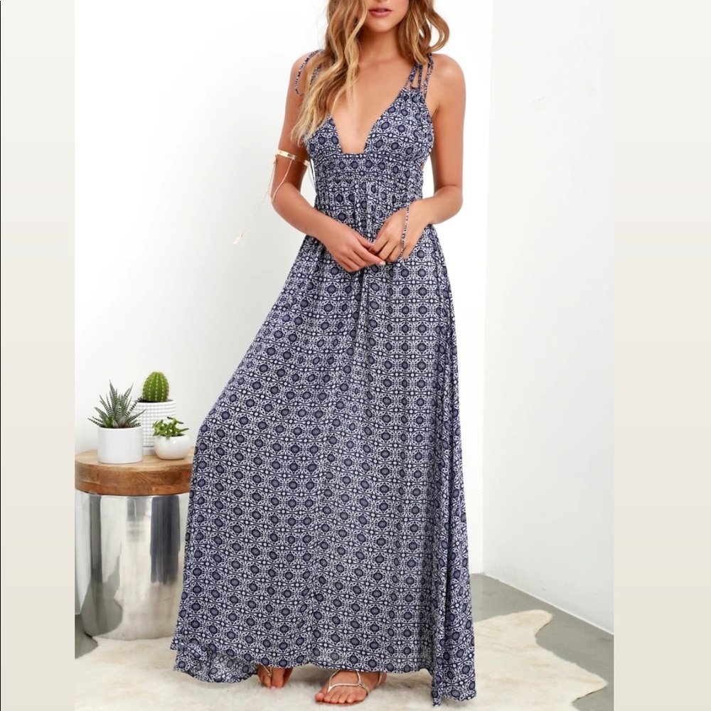 Lulus, Field Day Navy Blue Print Tie-Strap Maxi